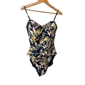 Anne Cole Sz 10 One Piece Swimsuit Smoothing Tummy Control Navy Tropical Floral